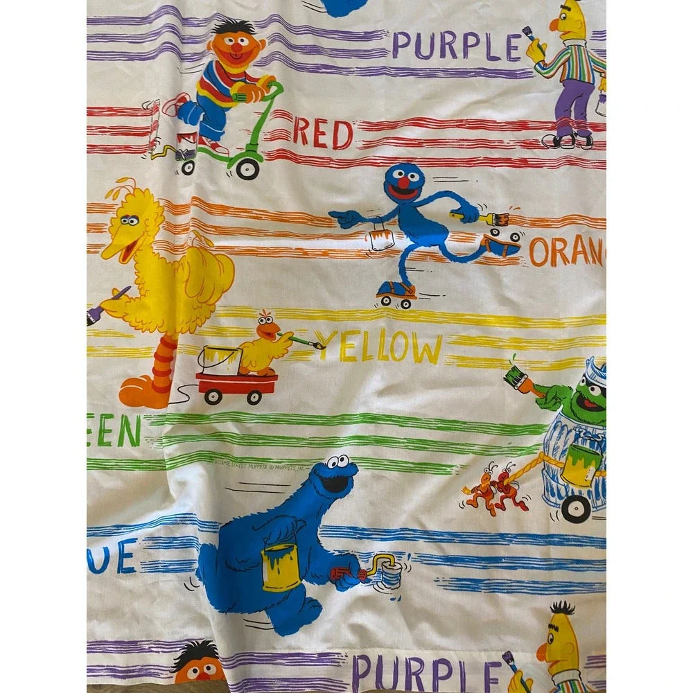 VTG Sesame Street Flat Sheet Muppets Big Bird Cookie Monster Rainbow Retro Twin